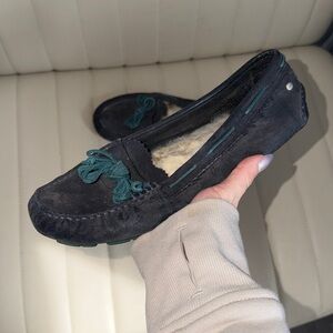UGG Navy Suede Shearling Moccasins with Teal Bow Trim